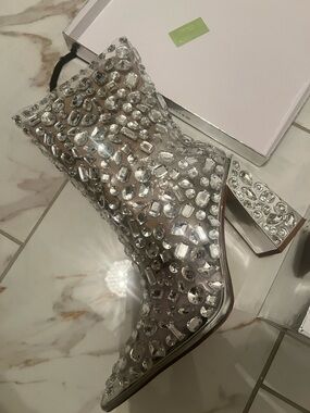 Crystal-Embellished Silver Ankle Bootie